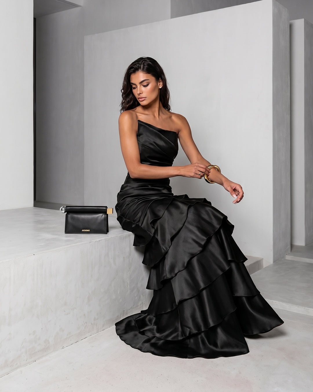 NOIR CASCADE SATIN RUFFLE GOWN