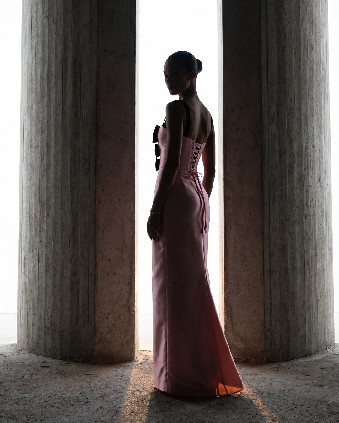 Blush & Noir Bow-Detail Column Gown
