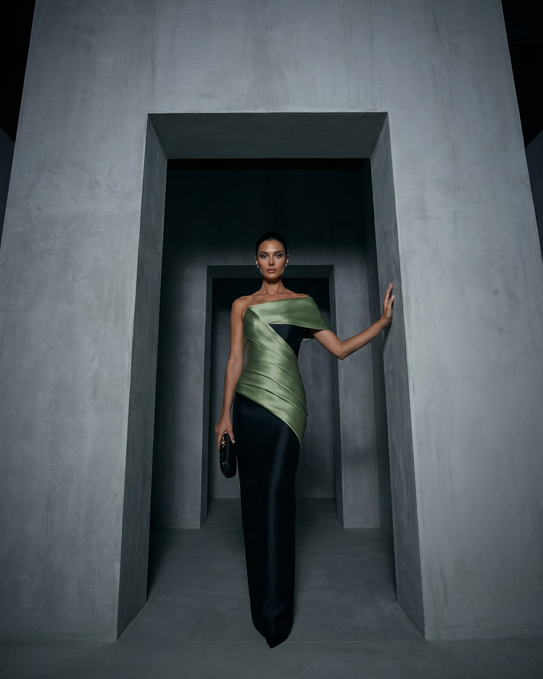 SAGE SATIN WRAP COLUMN GOWN
