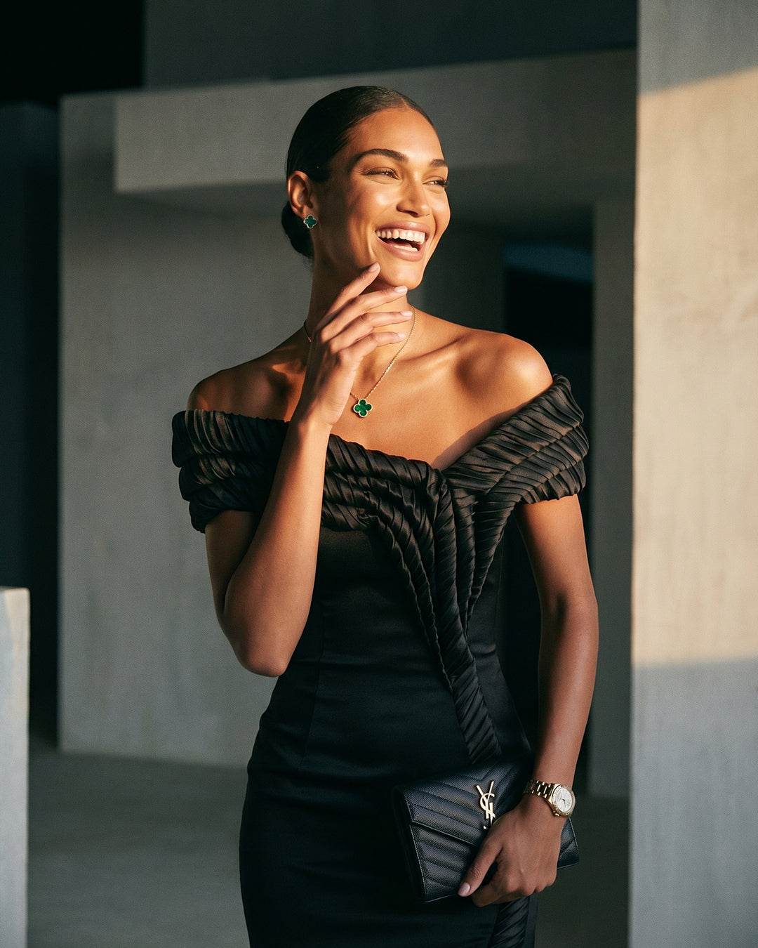 Noir Pleated Off-Shoulder Column Gown with Slit