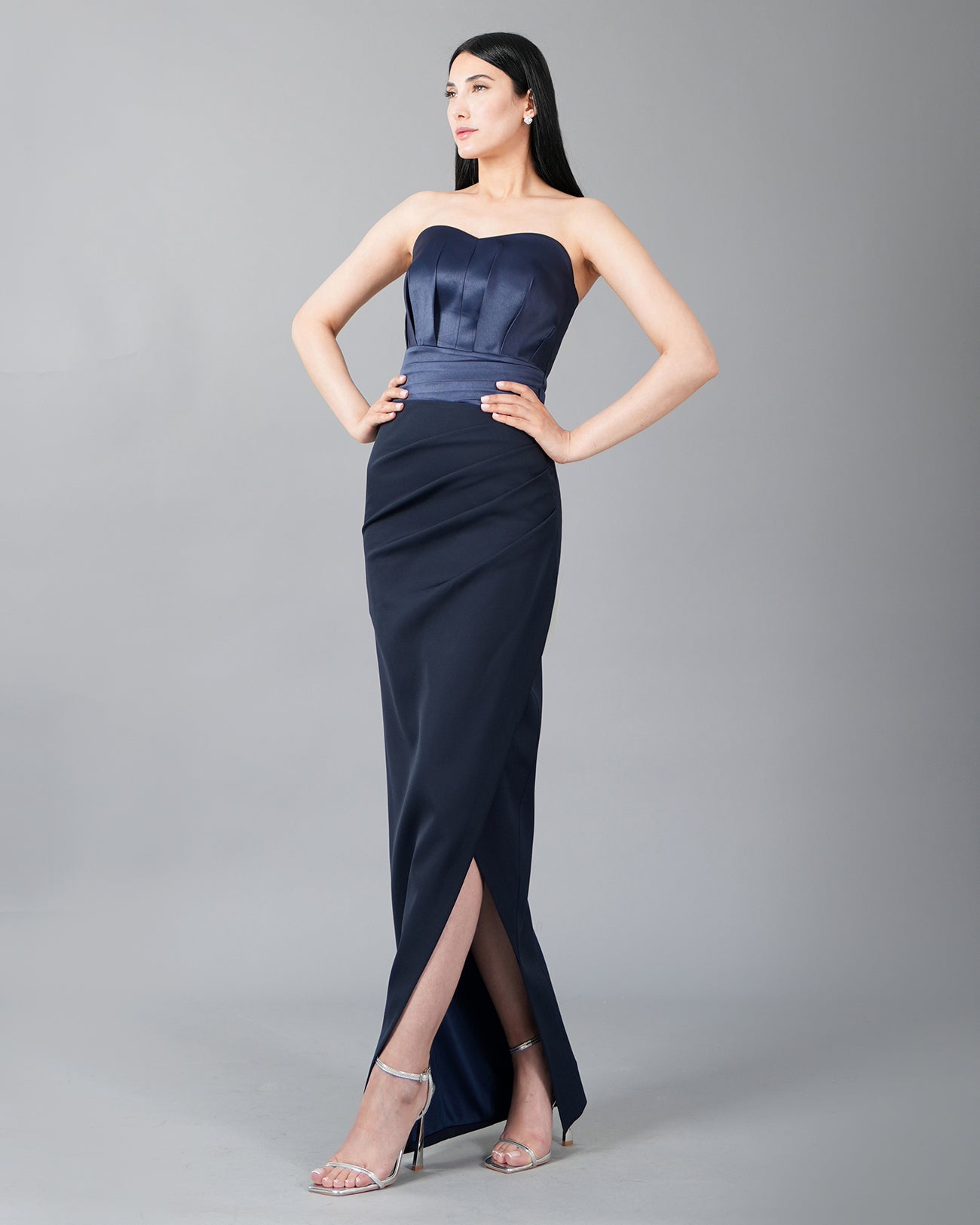 Strapless Navy Satin Corset Bodice & Front Slit Maxi Dress