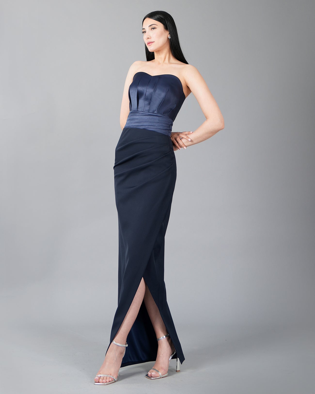 Strapless Navy Satin Corset Bodice & Front Slit Maxi Dress