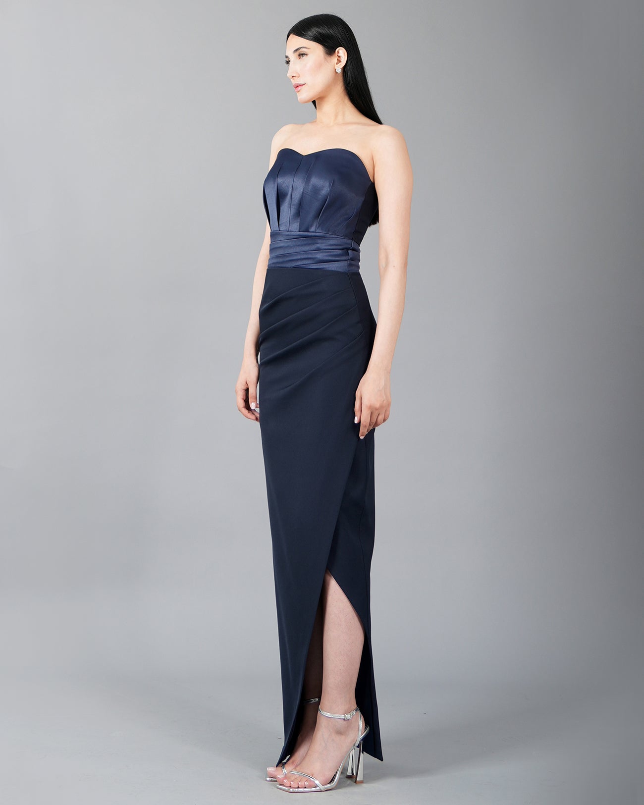 Strapless Navy Satin Corset Bodice & Front Slit Maxi Dress