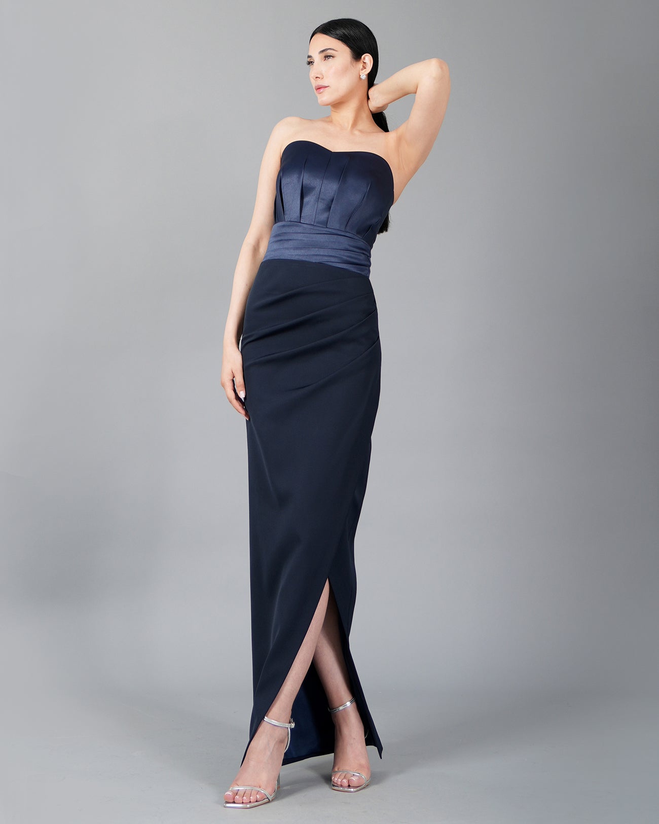 Strapless Navy Satin Corset Bodice & Front Slit Maxi Dress