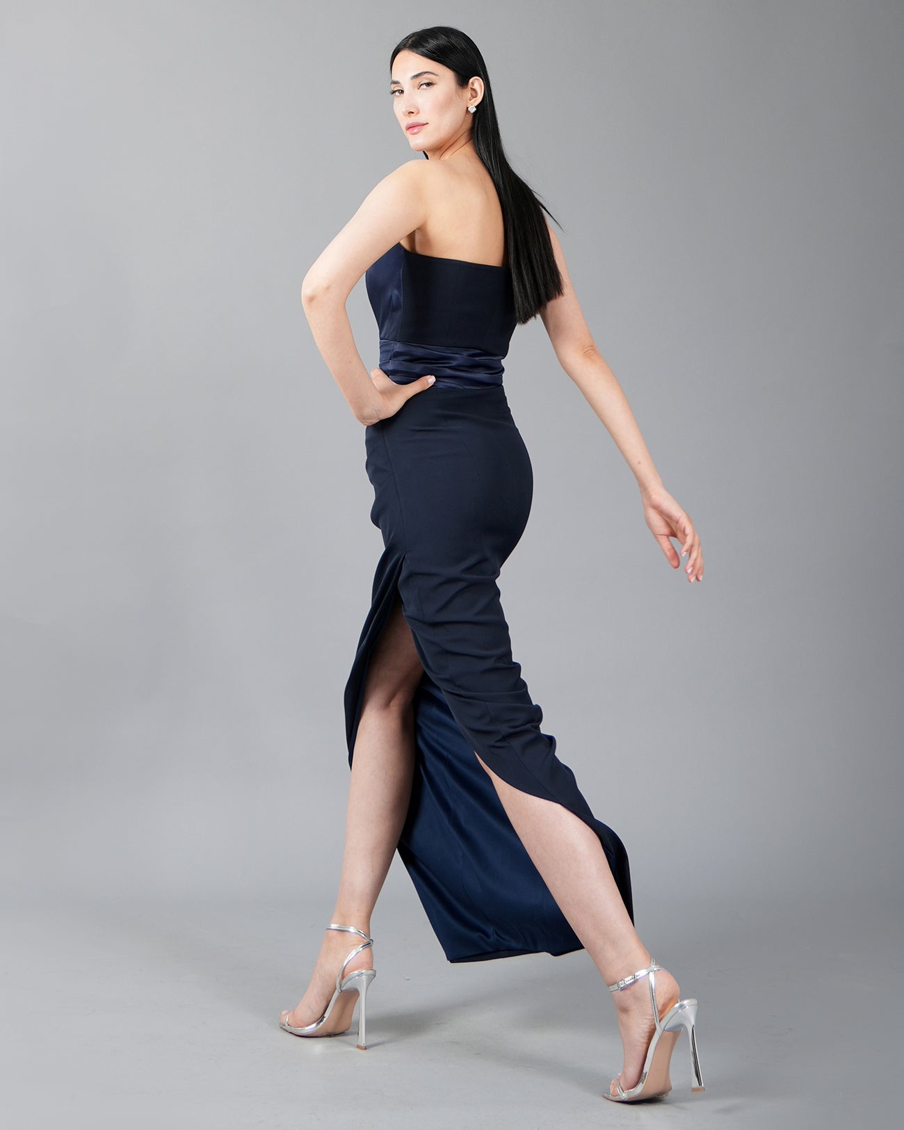 Strapless Navy Satin Corset Bodice & Front Slit Maxi Dress