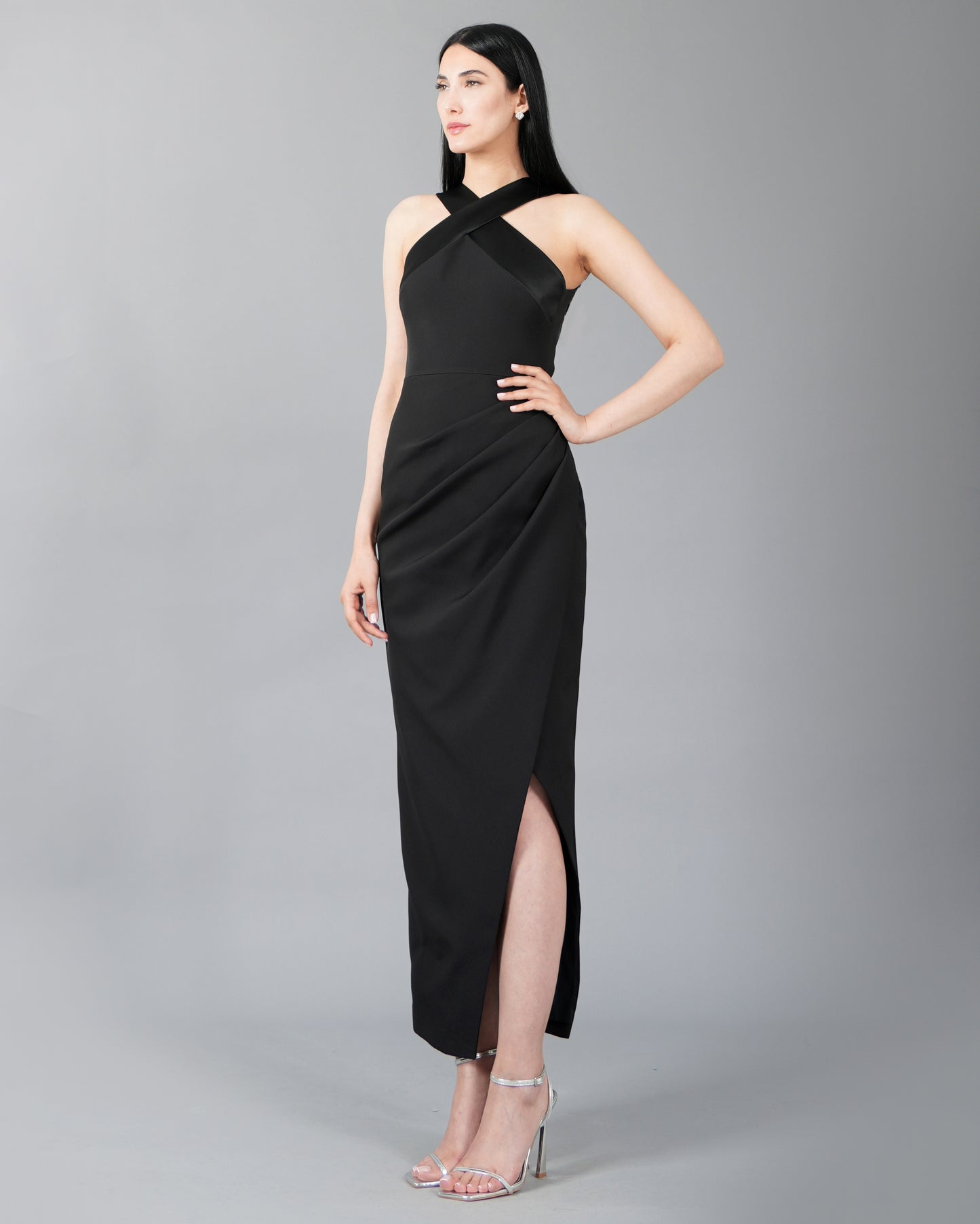 Elegant Asymmetric Halter Neck Maxi Dress With Side Slit