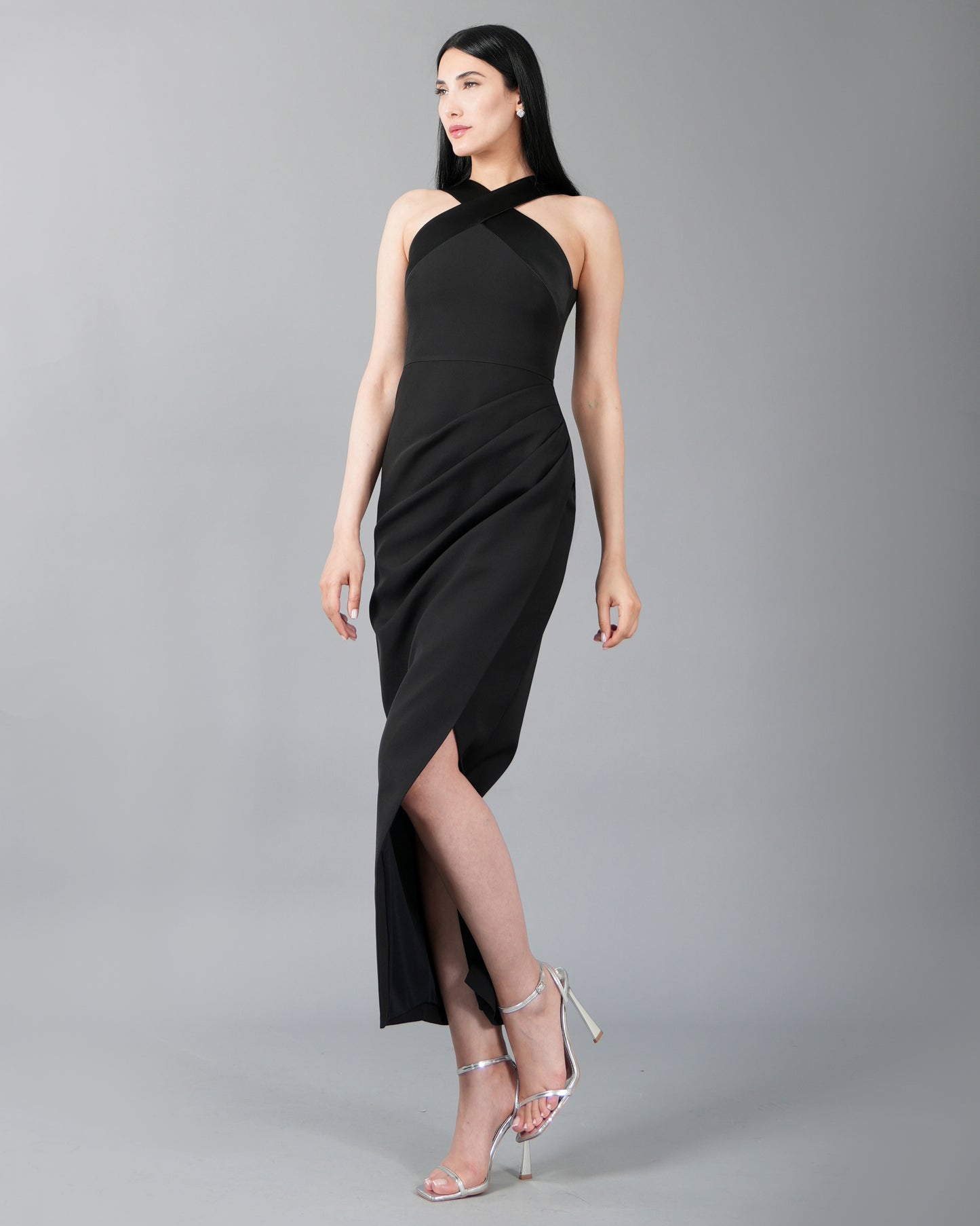 Elegant Asymmetric Halter Neck Maxi Dress With Side Slit