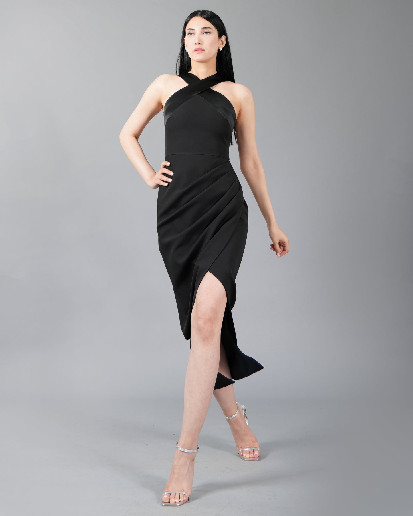 Elegant Asymmetric Halter Neck Maxi Dress With Side Slit