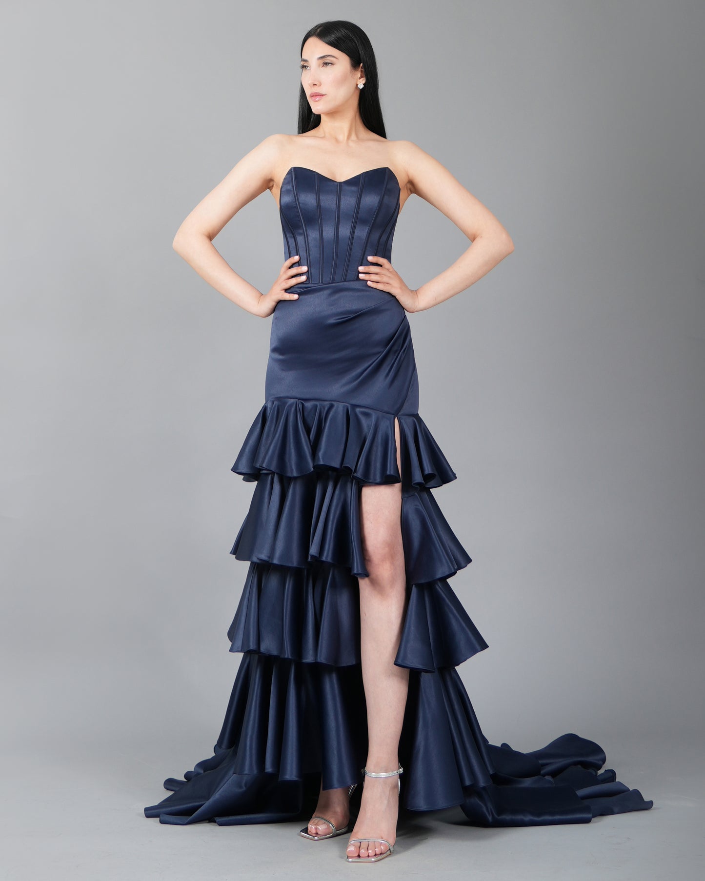 Strapless Ruffled Satin Maxi Dress With Corset-Style Bodice