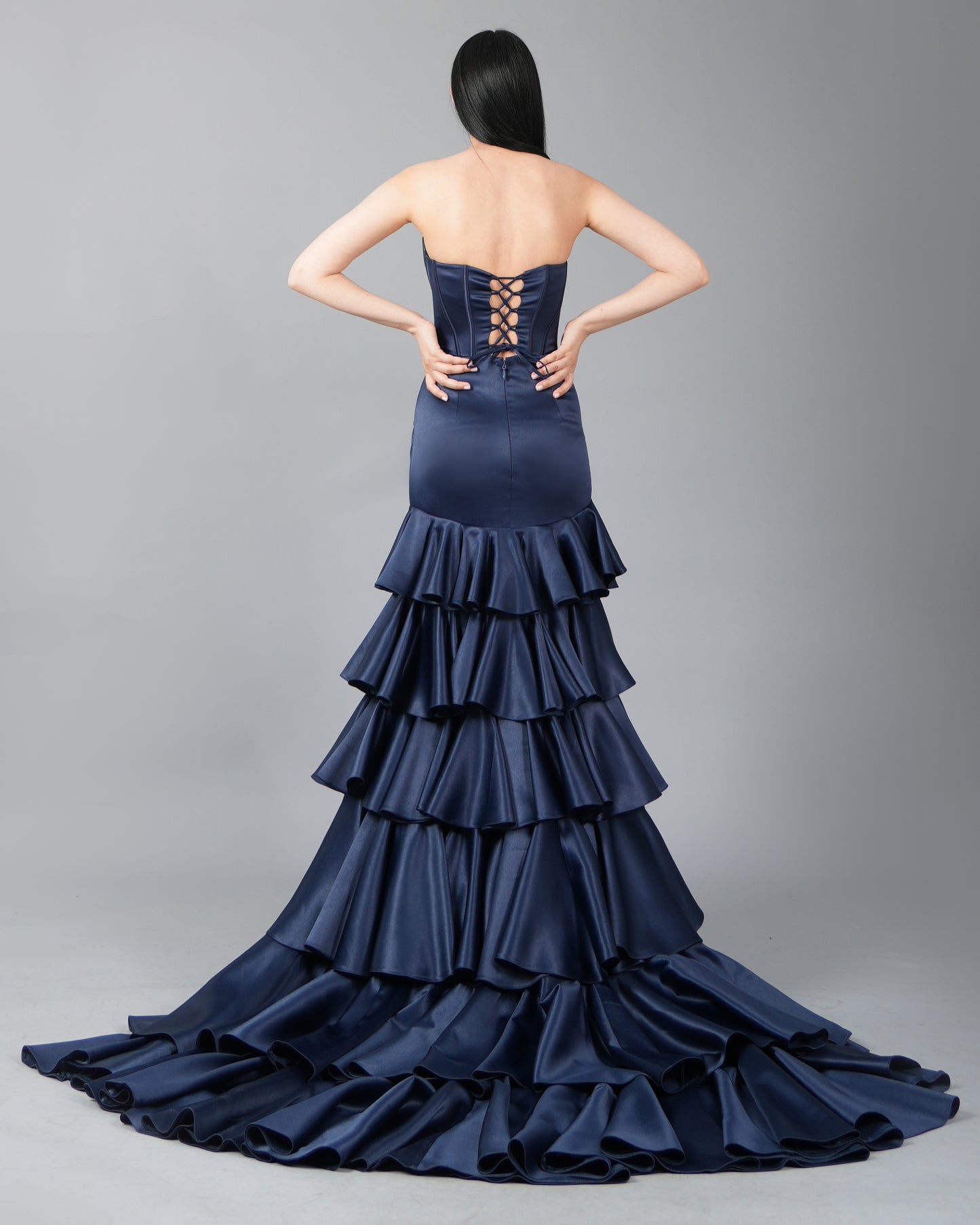 Strapless Ruffled Satin Maxi Dress With Corset-Style Bodice