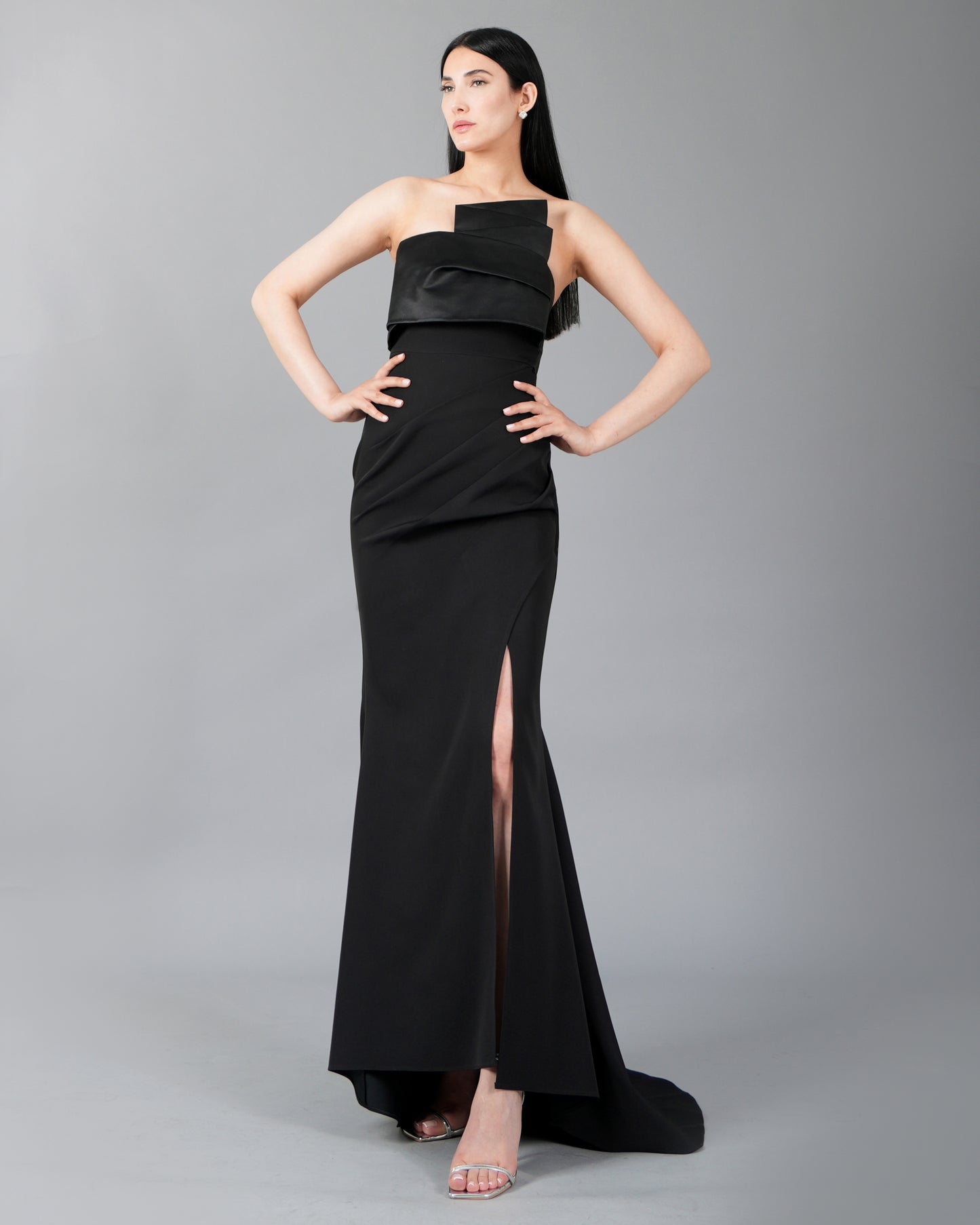 Strapless Satin Panel Maxi Dress with Front Slit Detail