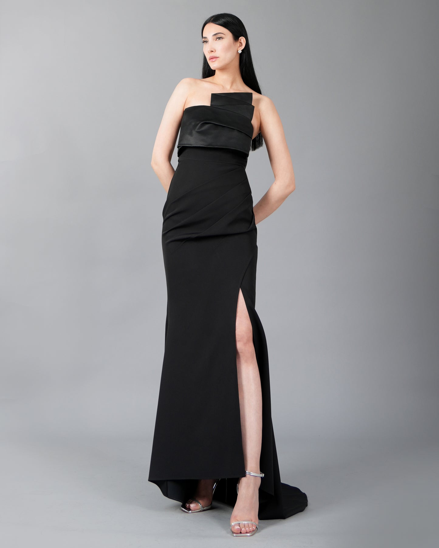 Strapless Satin Panel Maxi Dress with Front Slit Detail