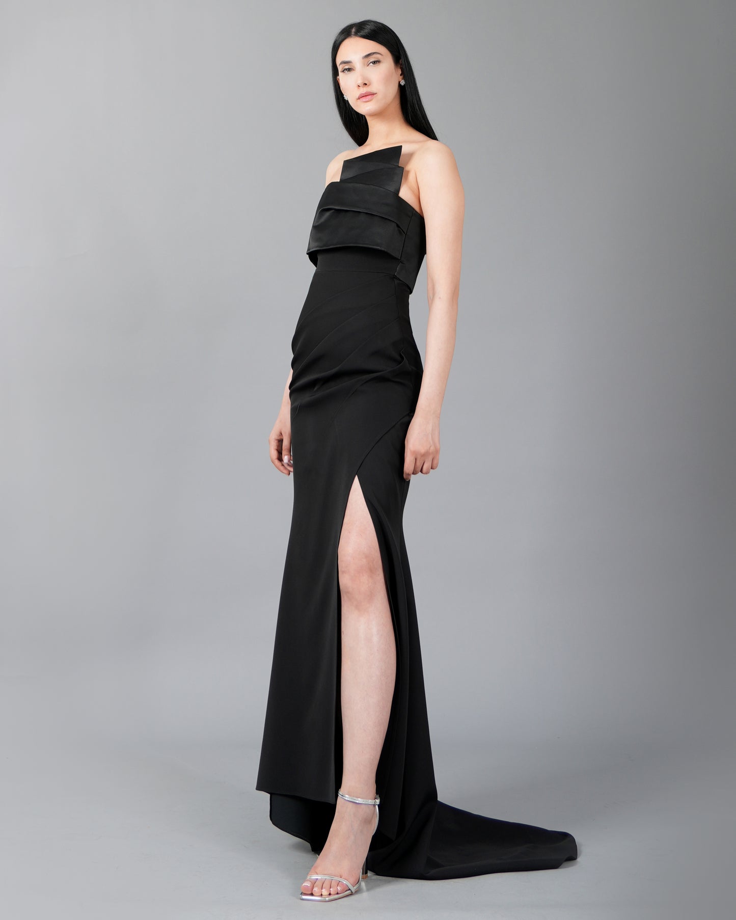 Strapless Satin Panel Maxi Dress with Front Slit Detail