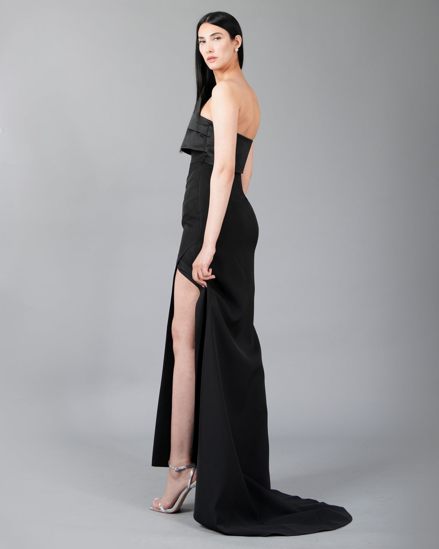 Strapless Satin Panel Maxi Dress with Front Slit Detail