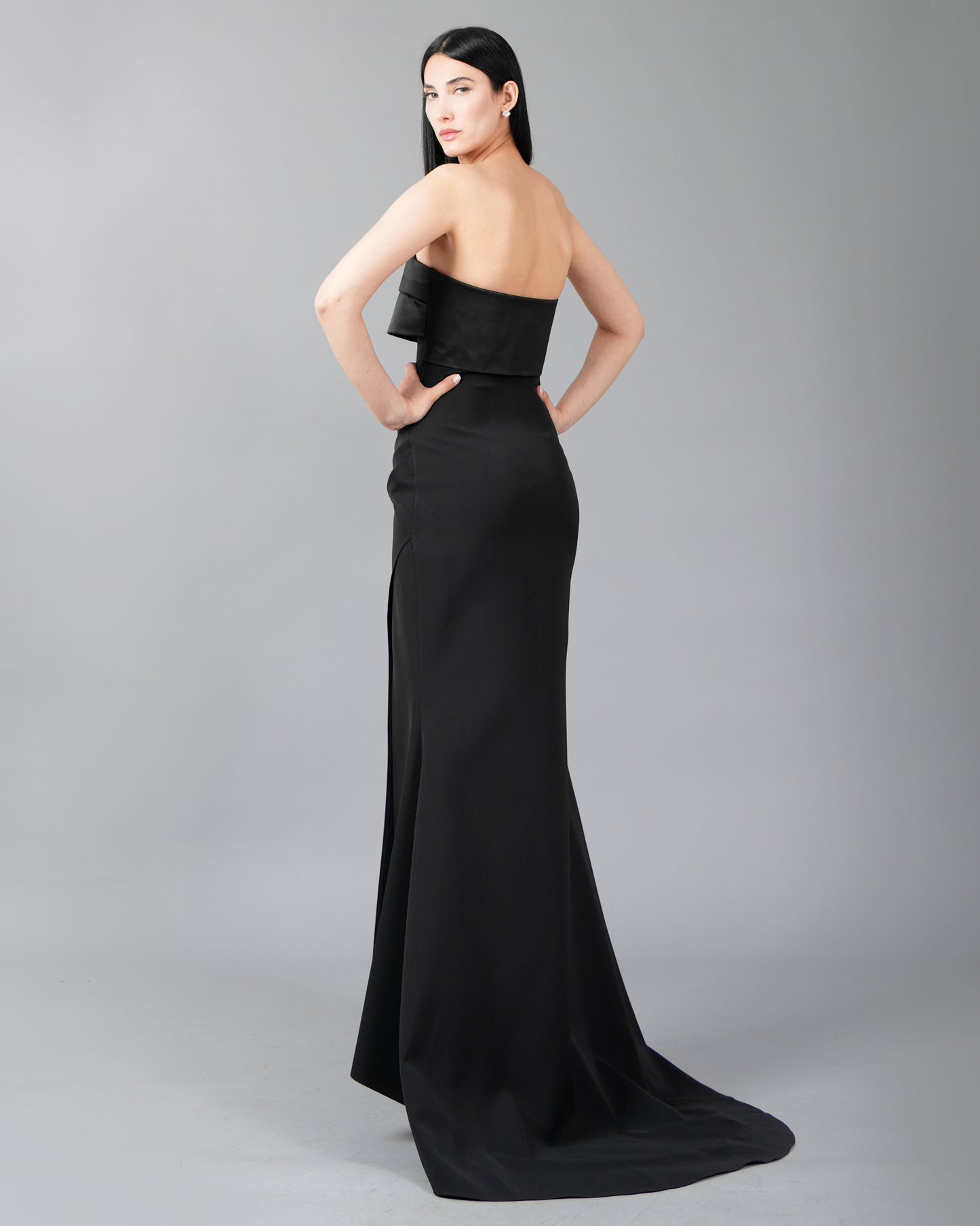 Strapless Satin Panel Maxi Dress with Front Slit Detail