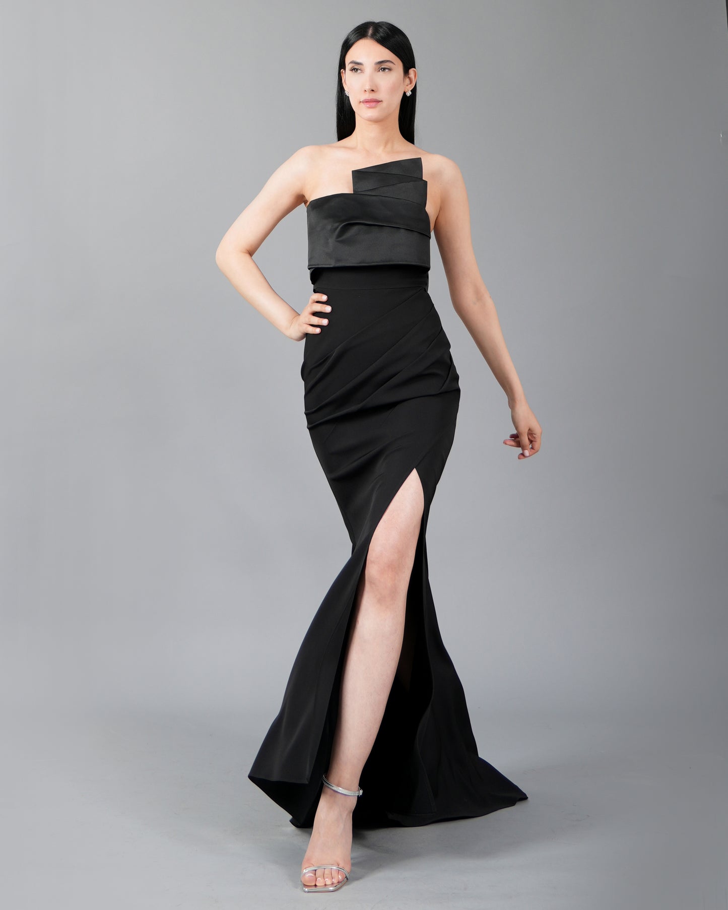 Strapless Satin Panel Maxi Dress with Front Slit Detail