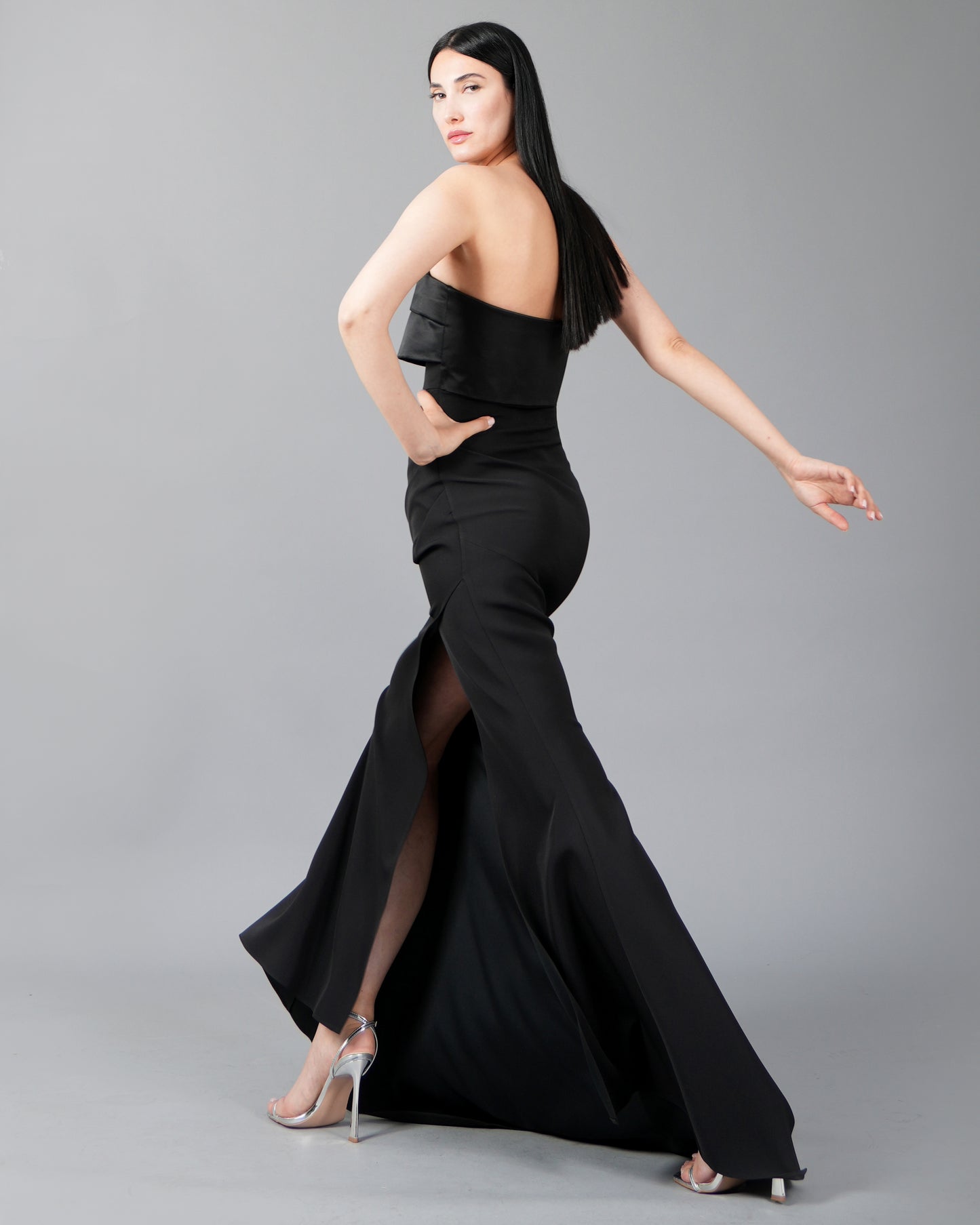 Strapless Satin Panel Maxi Dress with Front Slit Detail