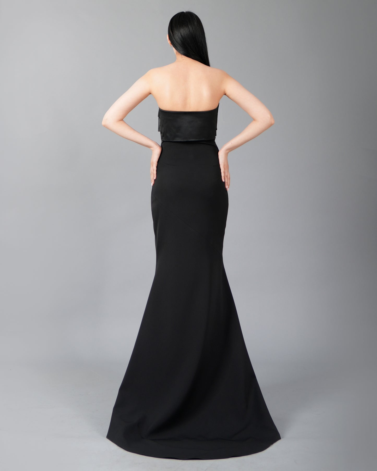 Strapless Satin Panel Maxi Dress with Front Slit Detail
