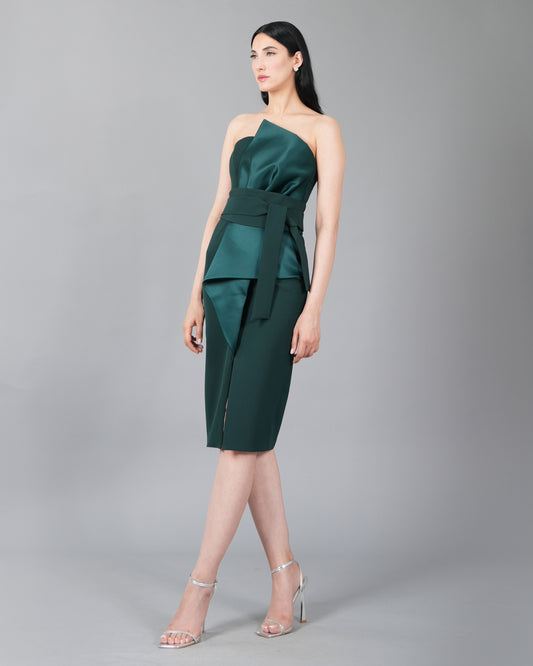 Asymmetric Emerald Satin Midi Dress with Waist Tie