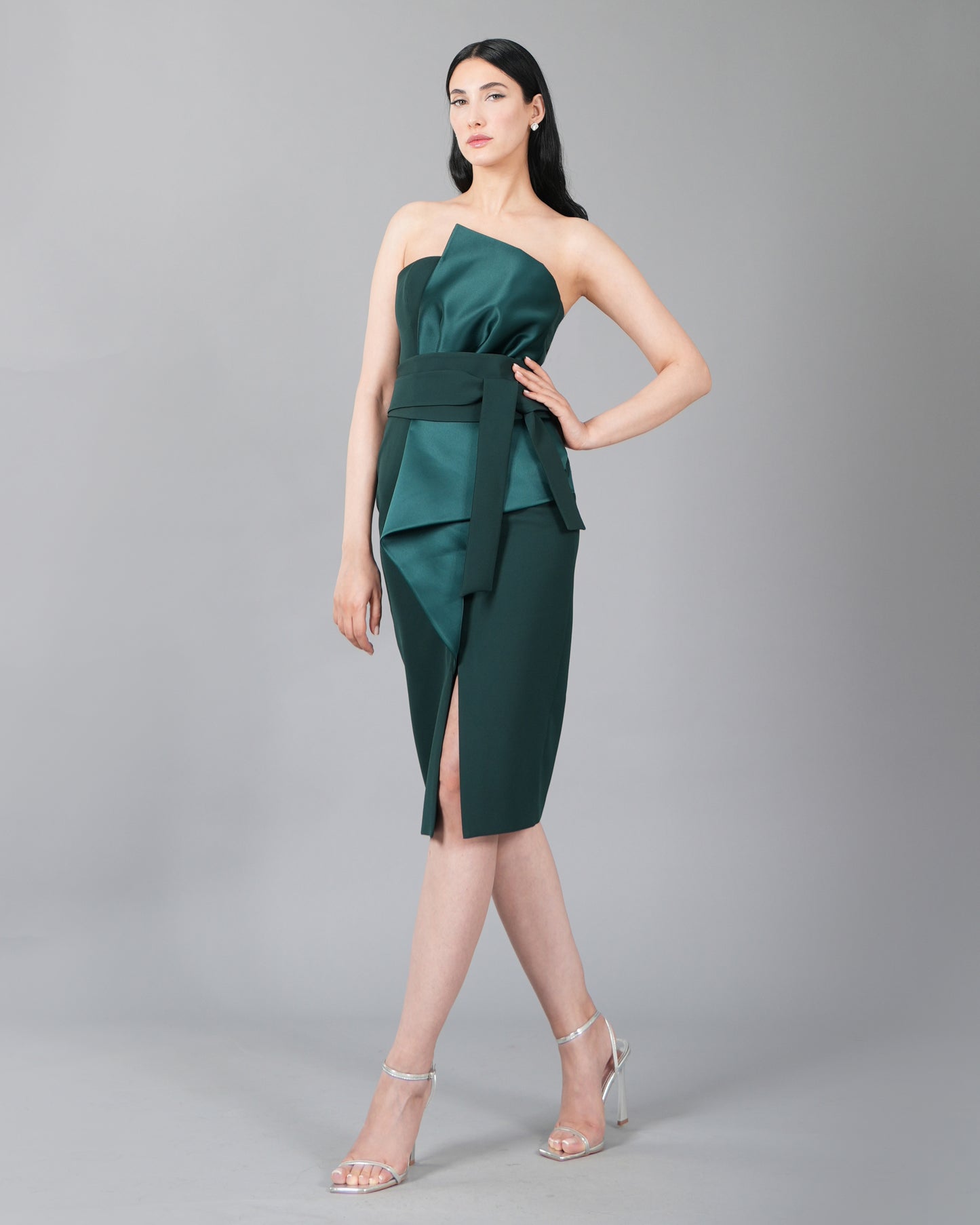 Asymmetric Emerald Satin Midi Dress with Waist Tie