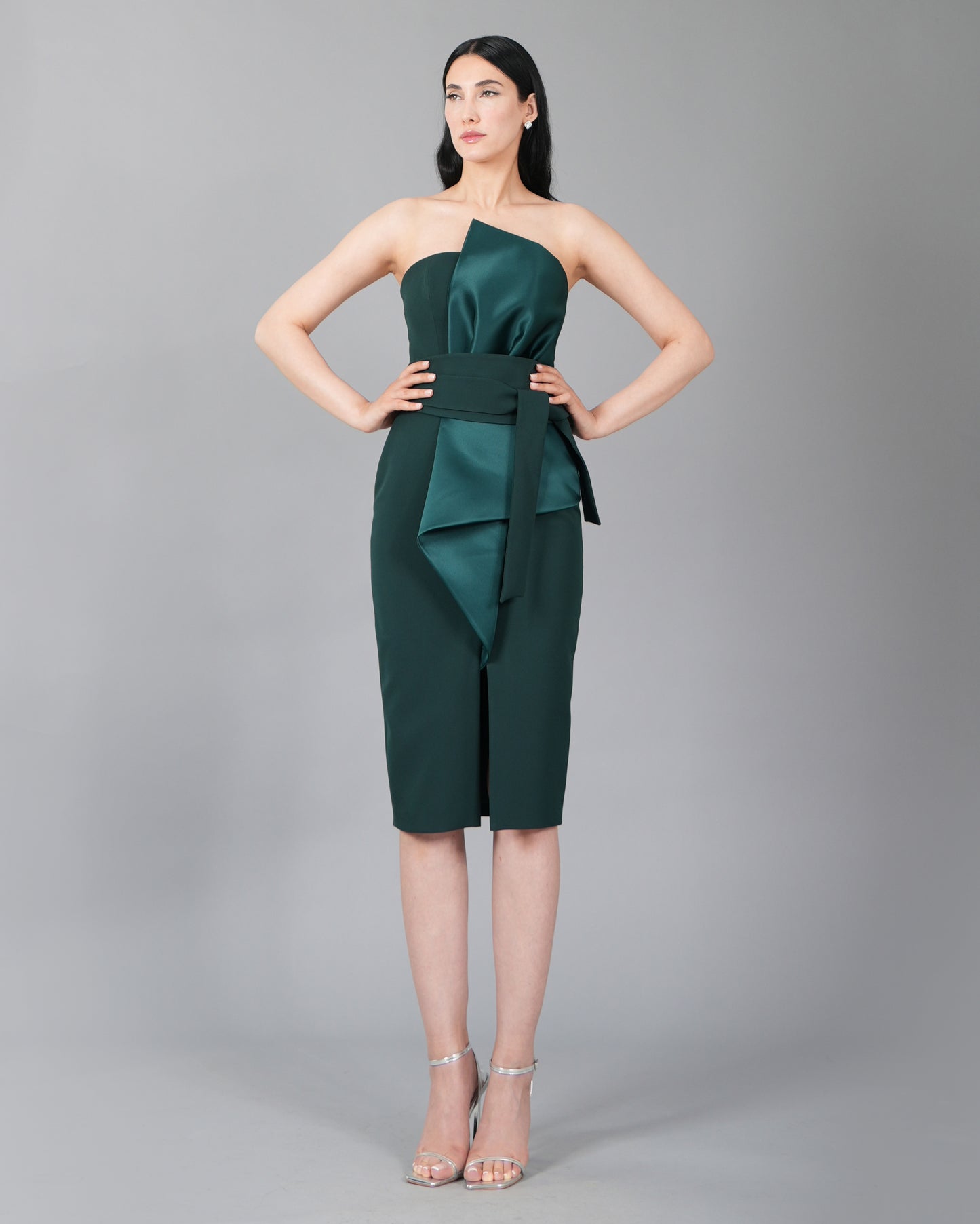 Asymmetric Emerald Satin Midi Dress with Waist Tie