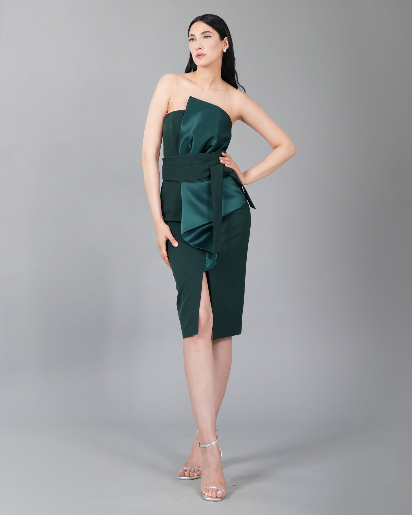 Asymmetric Emerald Satin Midi Dress with Waist Tie