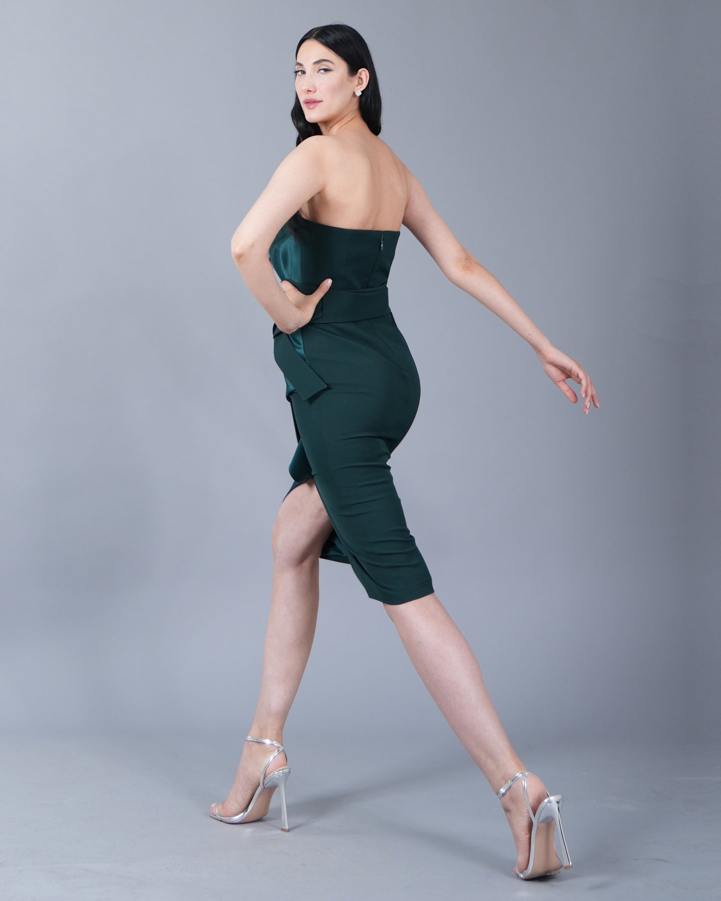 Asymmetric Emerald Satin Midi Dress with Waist Tie
