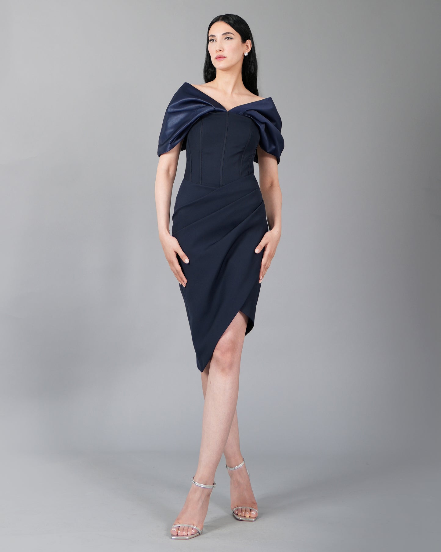 Off-Shoulder Draped Navy Cocktail Dress