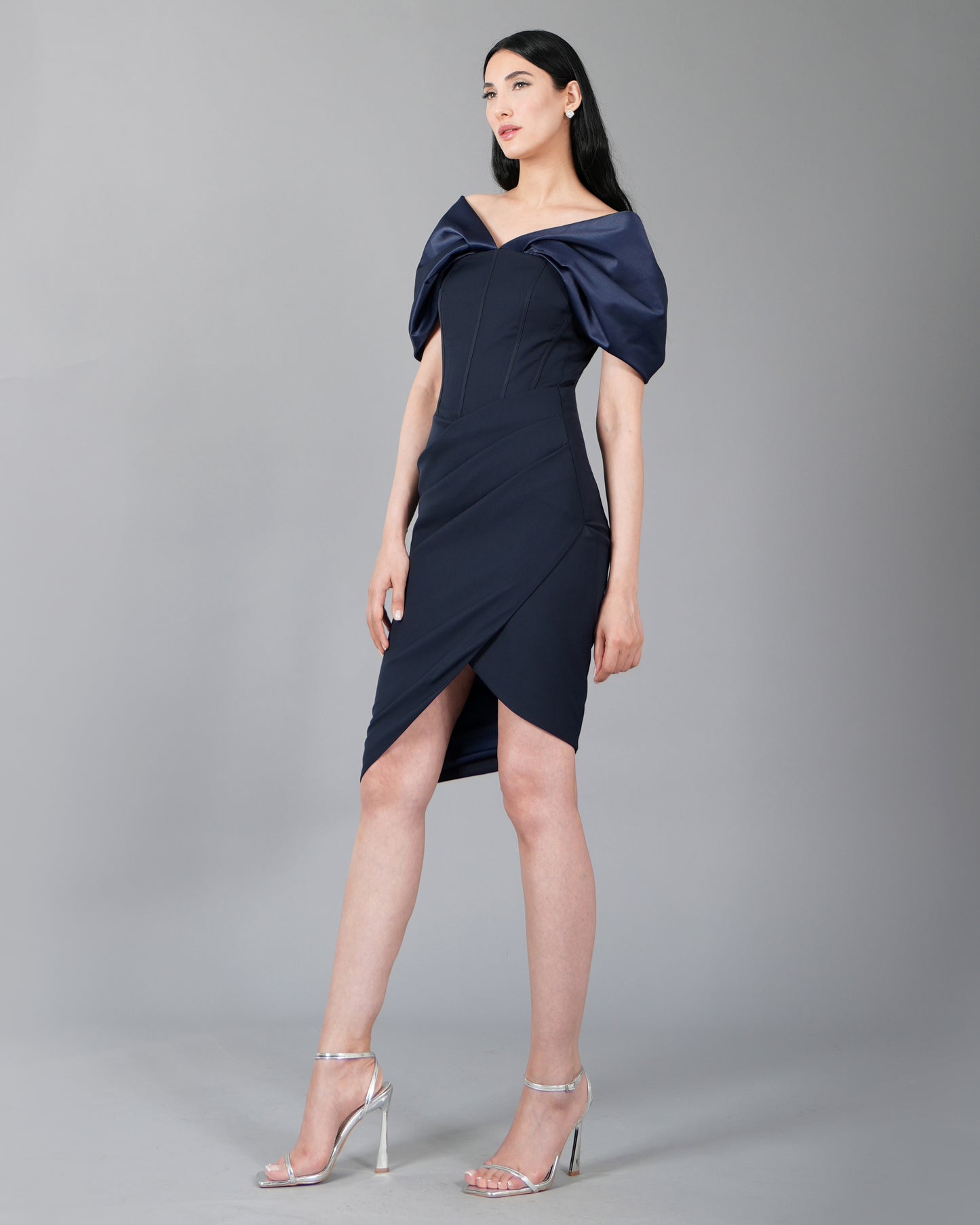 Off-Shoulder Draped Navy Cocktail Dress