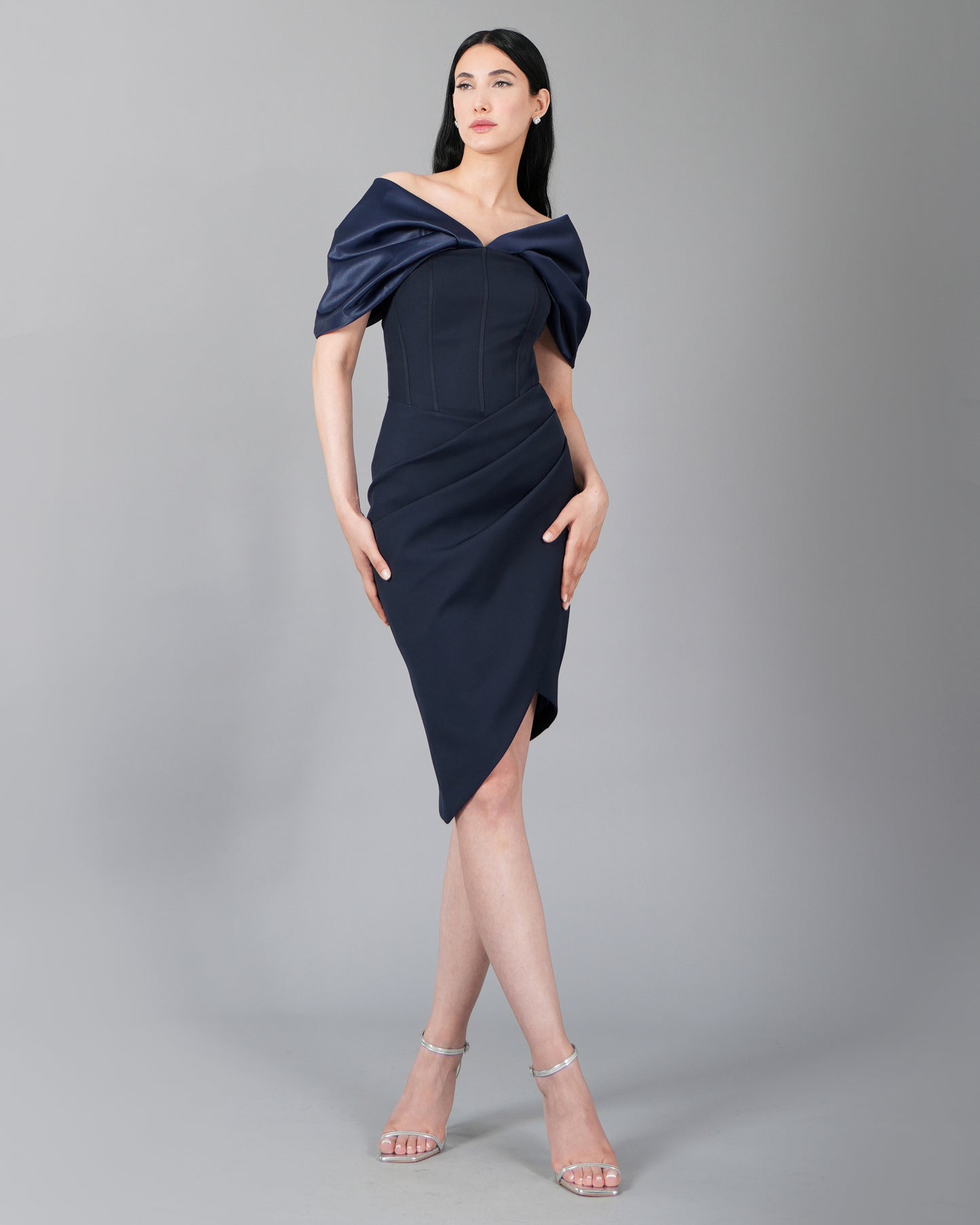 Off-Shoulder Draped Navy Cocktail Dress