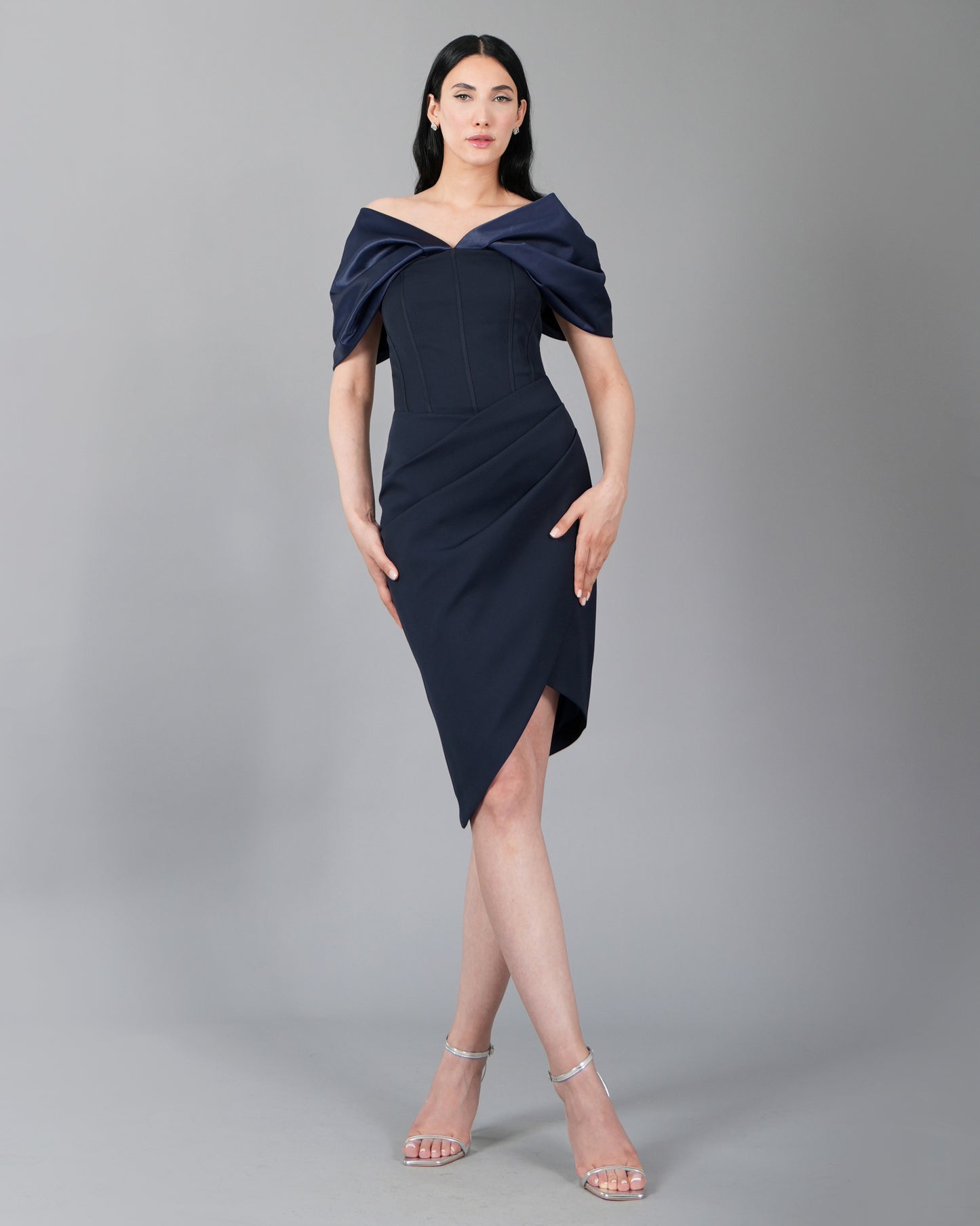 Off-Shoulder Draped Navy Cocktail Dress