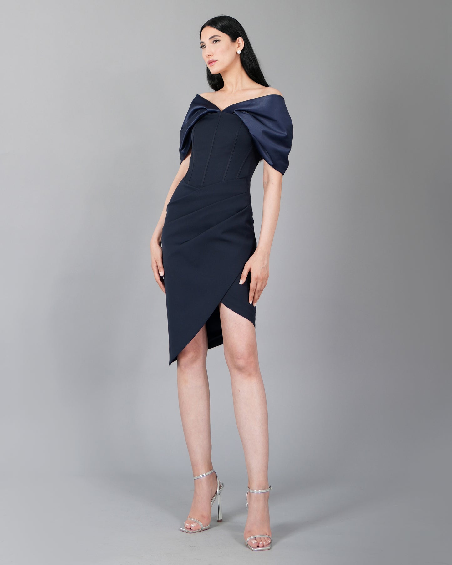 Off-Shoulder Draped Navy Cocktail Dress