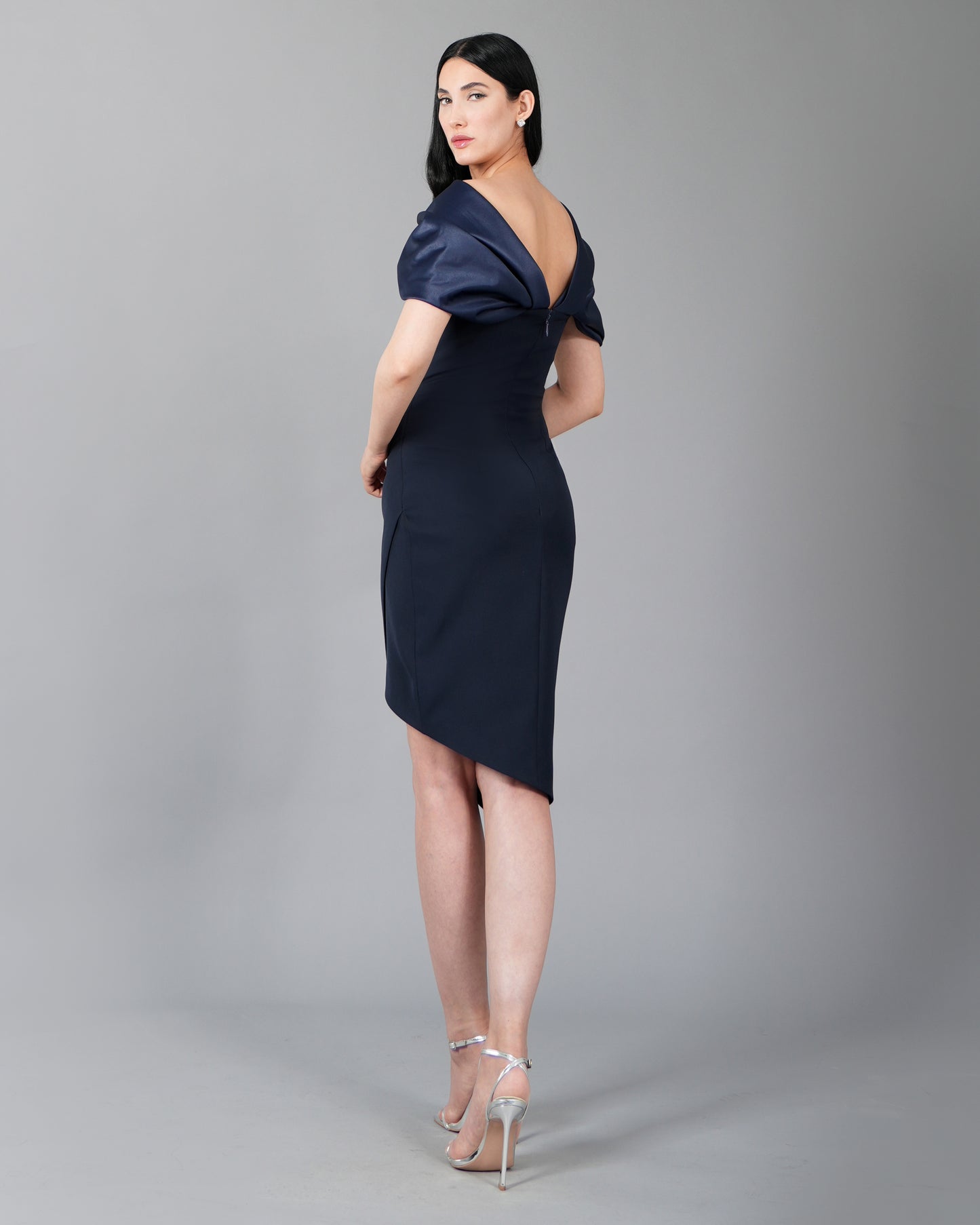 Off-Shoulder Draped Navy Cocktail Dress