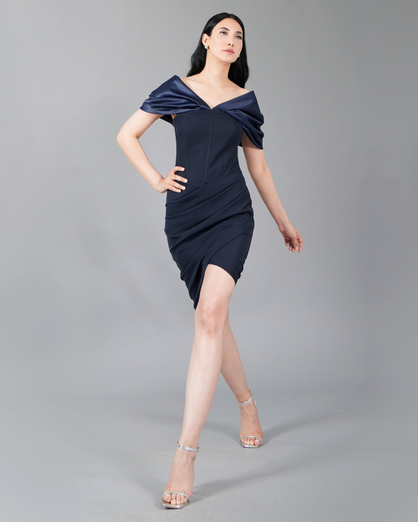 Off-Shoulder Draped Navy Cocktail Dress