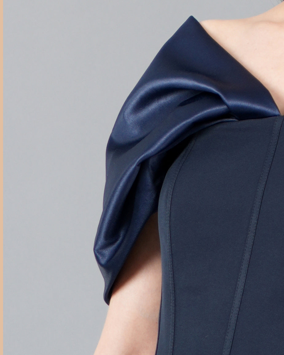 Off-Shoulder Draped Navy Cocktail Dress