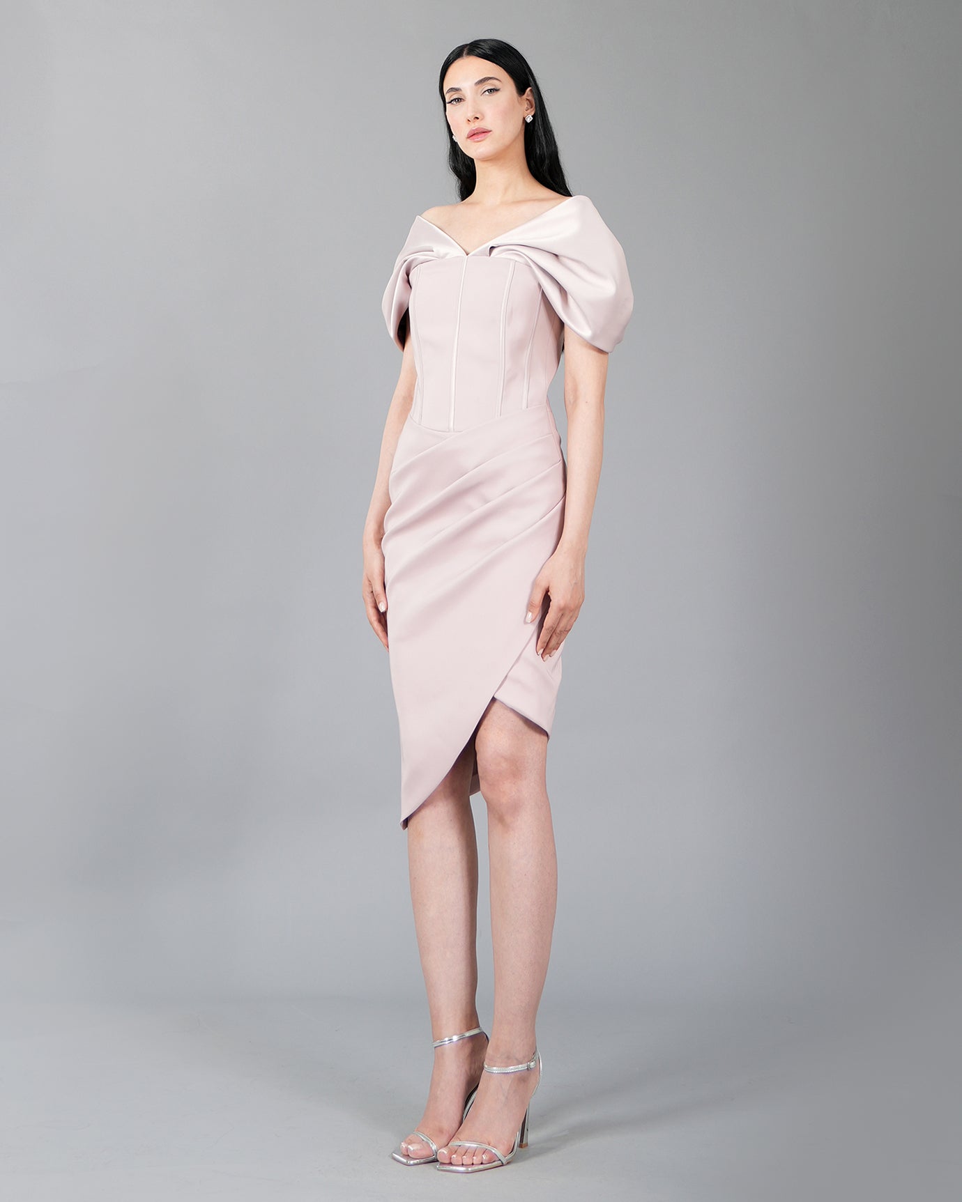 Off-Shoulder Satin Folded Midi Dress with Corset Detail