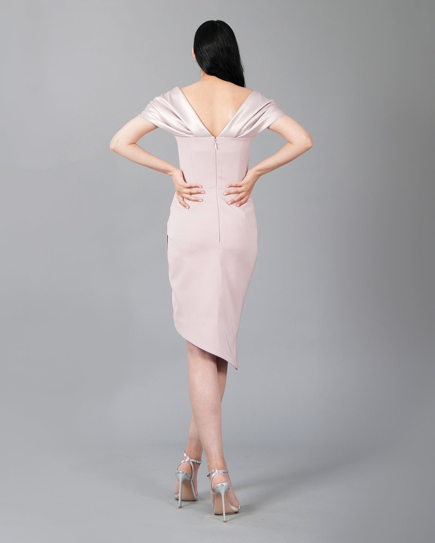 Off-Shoulder Satin Folded Midi Dress with Corset Detail