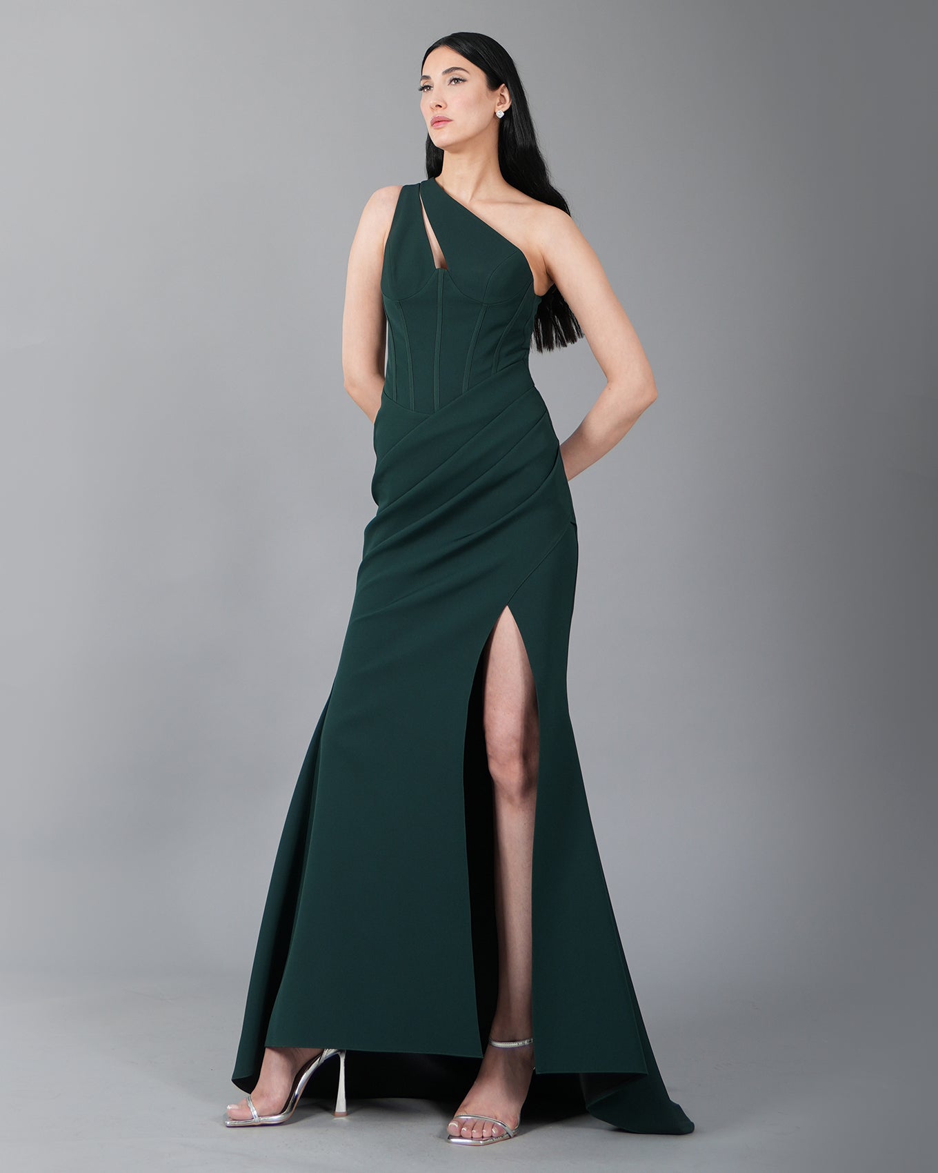 Asymmetric One-Shoulder Corset Gown with High Side Slit