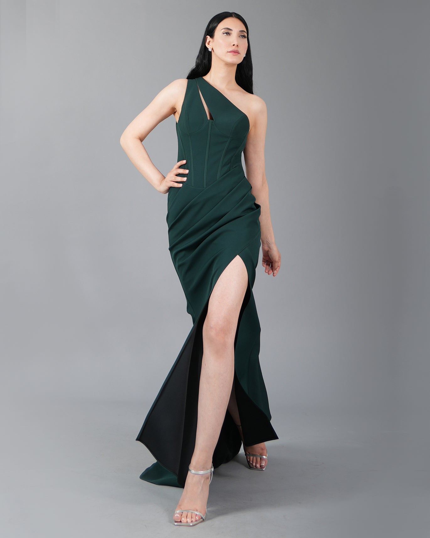 Asymmetric One-Shoulder Corset Gown with High Side Slit