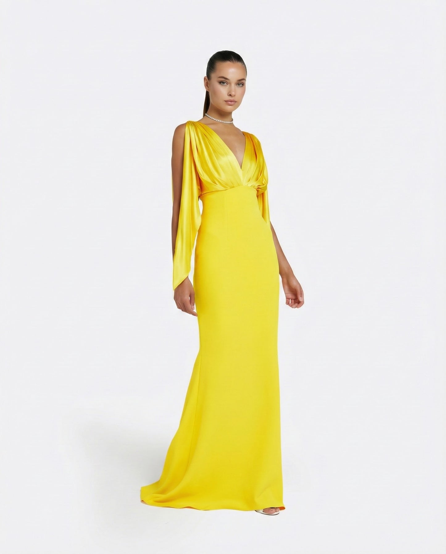 Yellow Draped Cape Sleeve Maxi Evening Gown