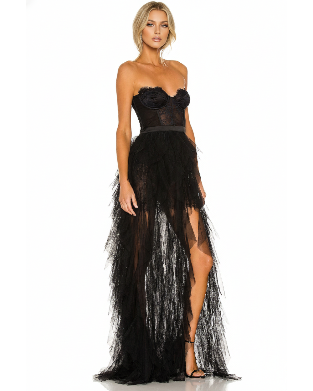 Strapless Black Lace Corset Gown with Sheer Layered Tulle Skirt