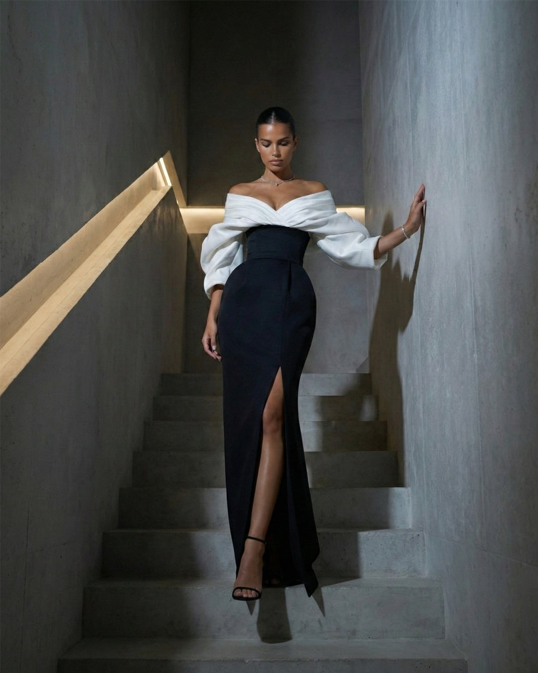 Off-Shoulder Black & Ivory Evening Gown