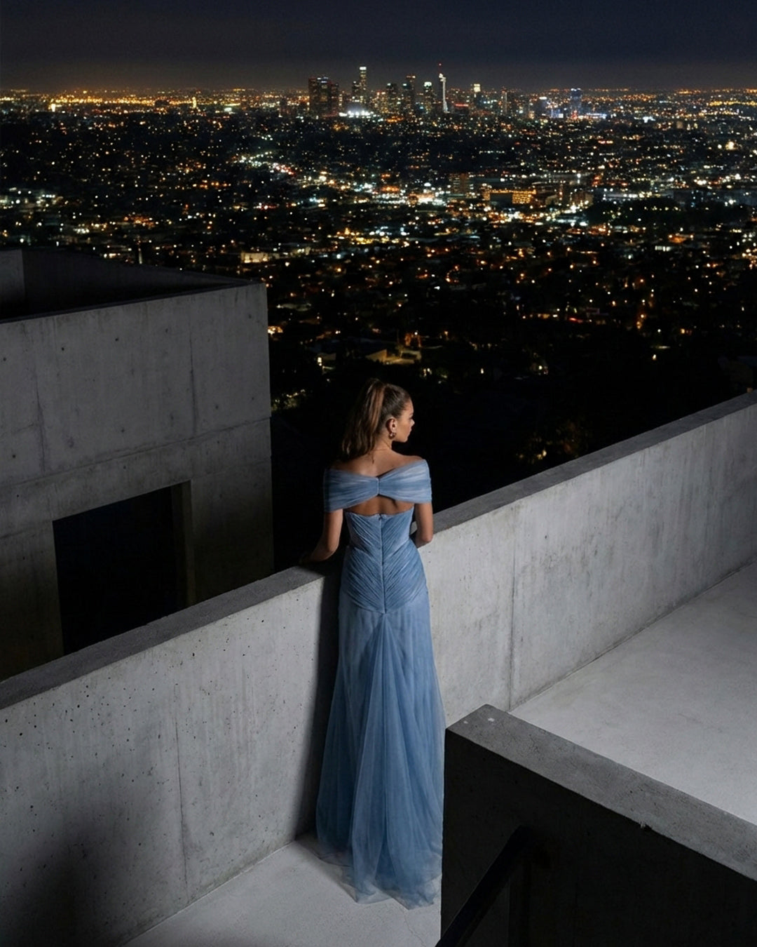 Dusty Blue Off-Shoulder Draped Tulle Gown