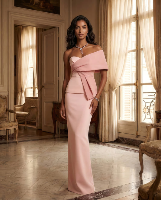 Blush Draped Off-Shoulder Column Gown