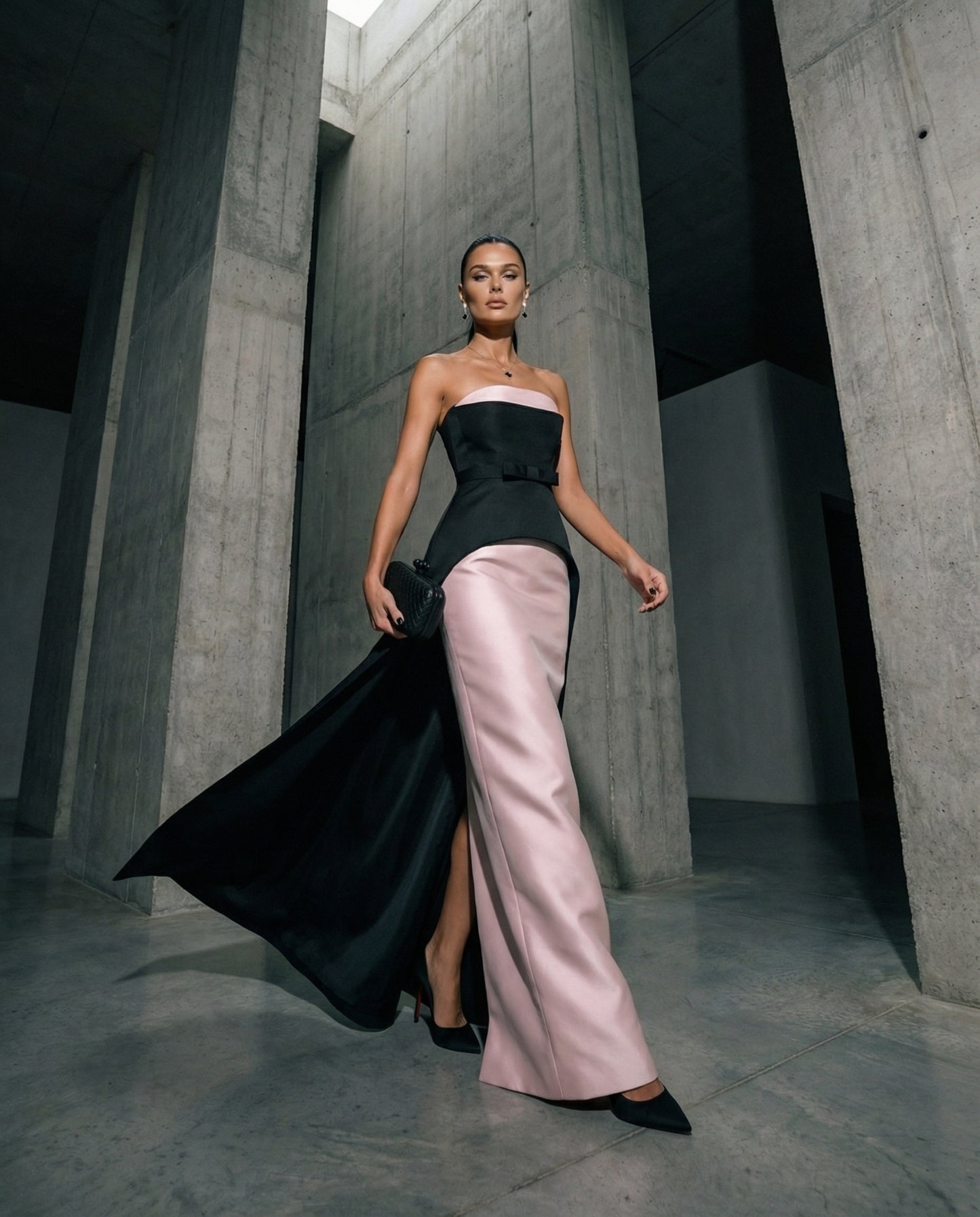 Blush & Noir Strapless Column Gown with Overskirt