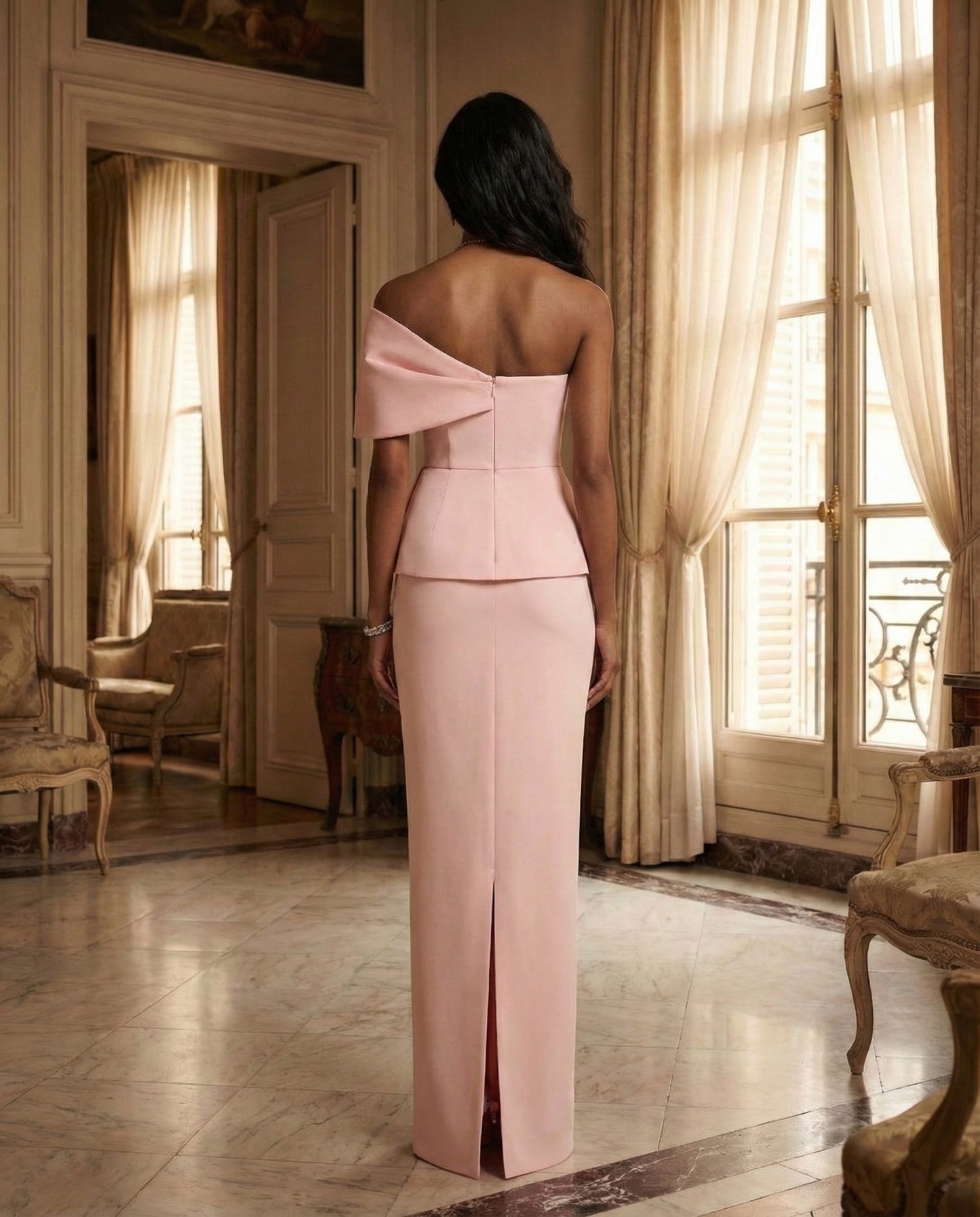 Blush Draped Off-Shoulder Column Gown
