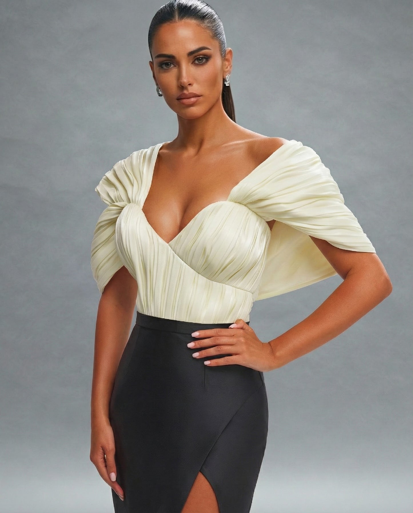 Ivory & Noir Draped Off-Shoulder Gown with Slit