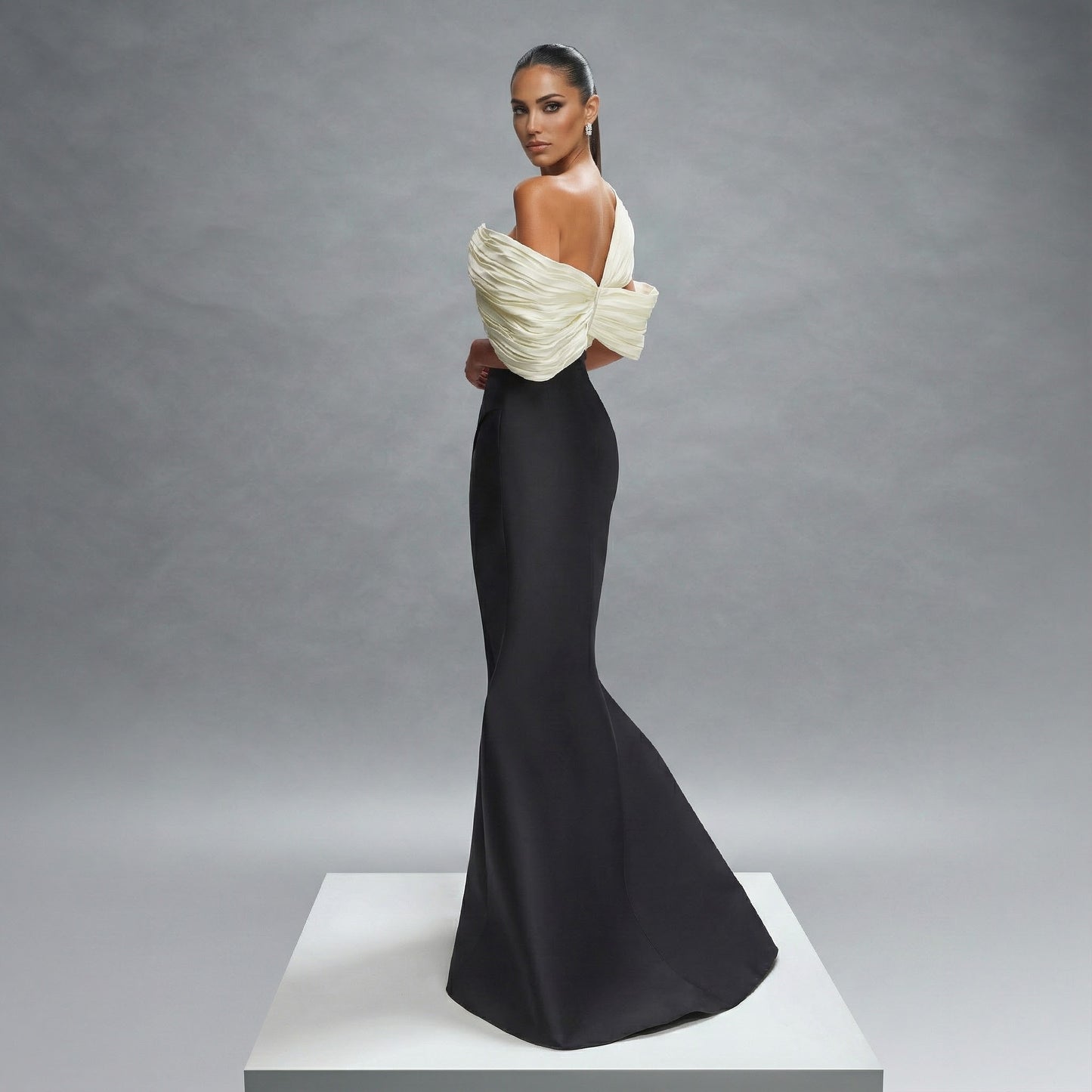 Ivory & Noir Draped Off-Shoulder Gown with Slit