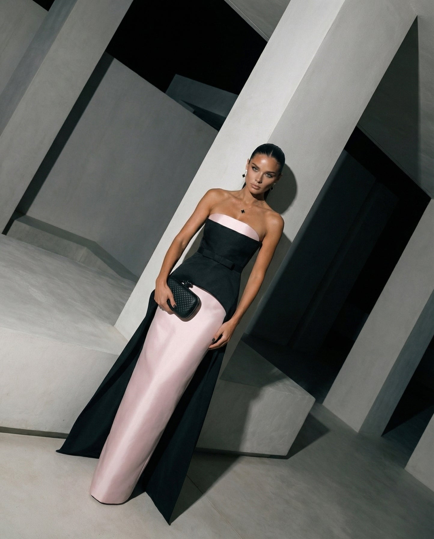 Blush & Noir Strapless Column Gown with Overskirt