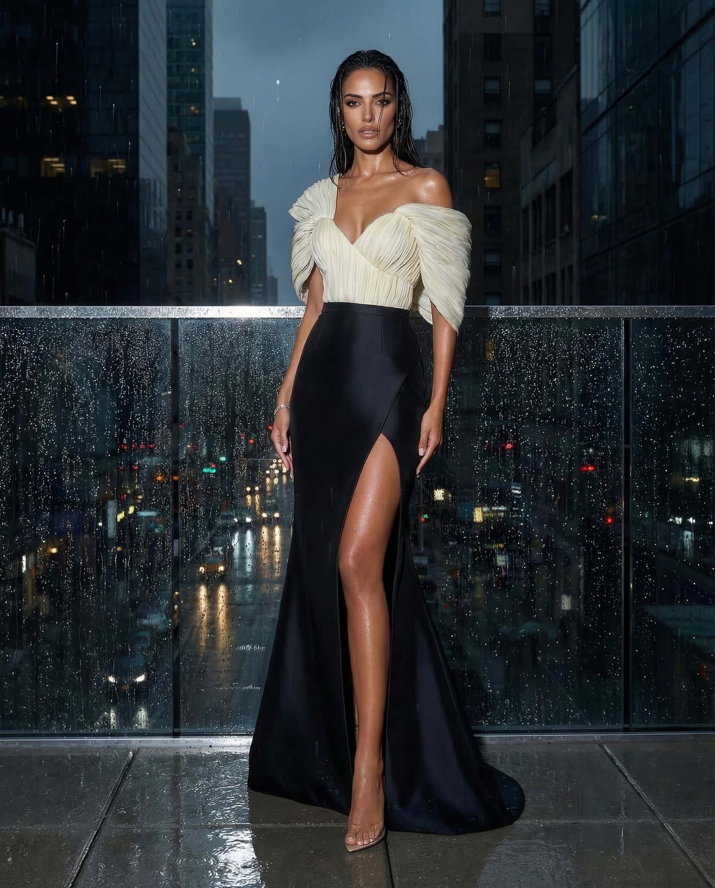 Ivory & Noir Draped Off-Shoulder Gown with Slit